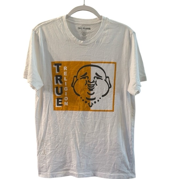 True Religion Buddha Graphic White and Orange Short Sleeve Tee size Large - Picture 1 of 4
